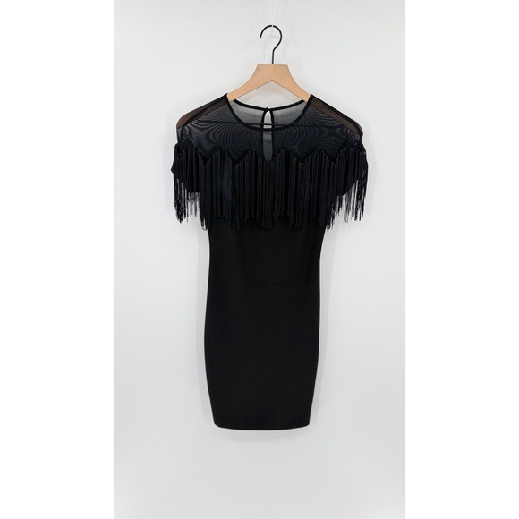 Marciano Dresses & Skirts - Marciano XS Bodycon Little Black Dress Fringe Mesh Sheer Glam Cocktail Party